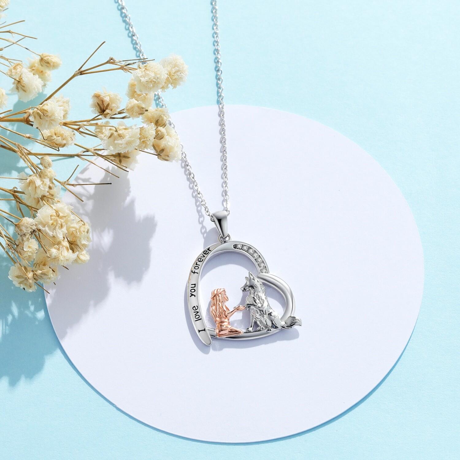 925 Sterling Silver Wolf Necklace with Synthetic Zirconia